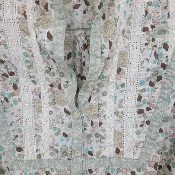 Vintage Ditsy Floral Blouse 18W/20W Green Lace Bib Button Boho Cottagecore - Picture 2 of 12